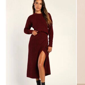 Lulu's Autumn Sweetheart Burgundy Waffle Knit Two-Piece Sweater Dress